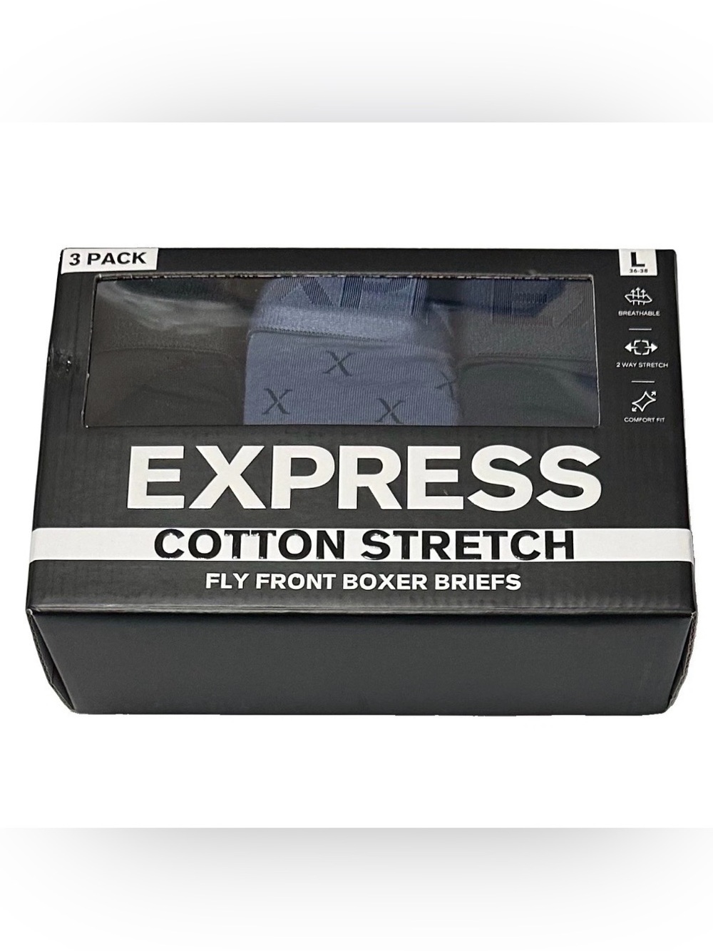 Express 3 Men's Cotton Stretch Fly Front Boxer Briefs Large (36-38) Black/Blue